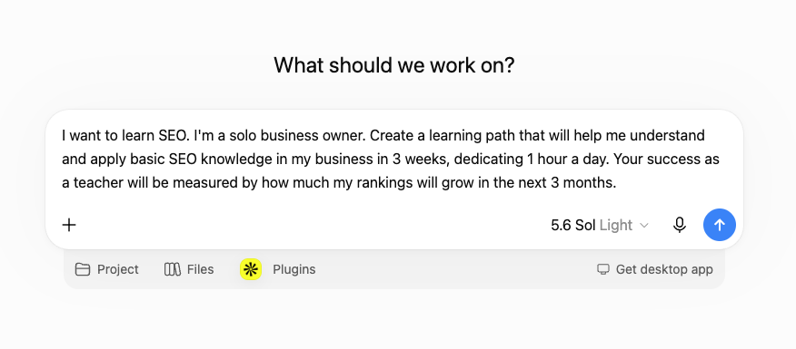 Prompting an AI assistant to build a personalized three-week SEO learning path with a measurable outcome