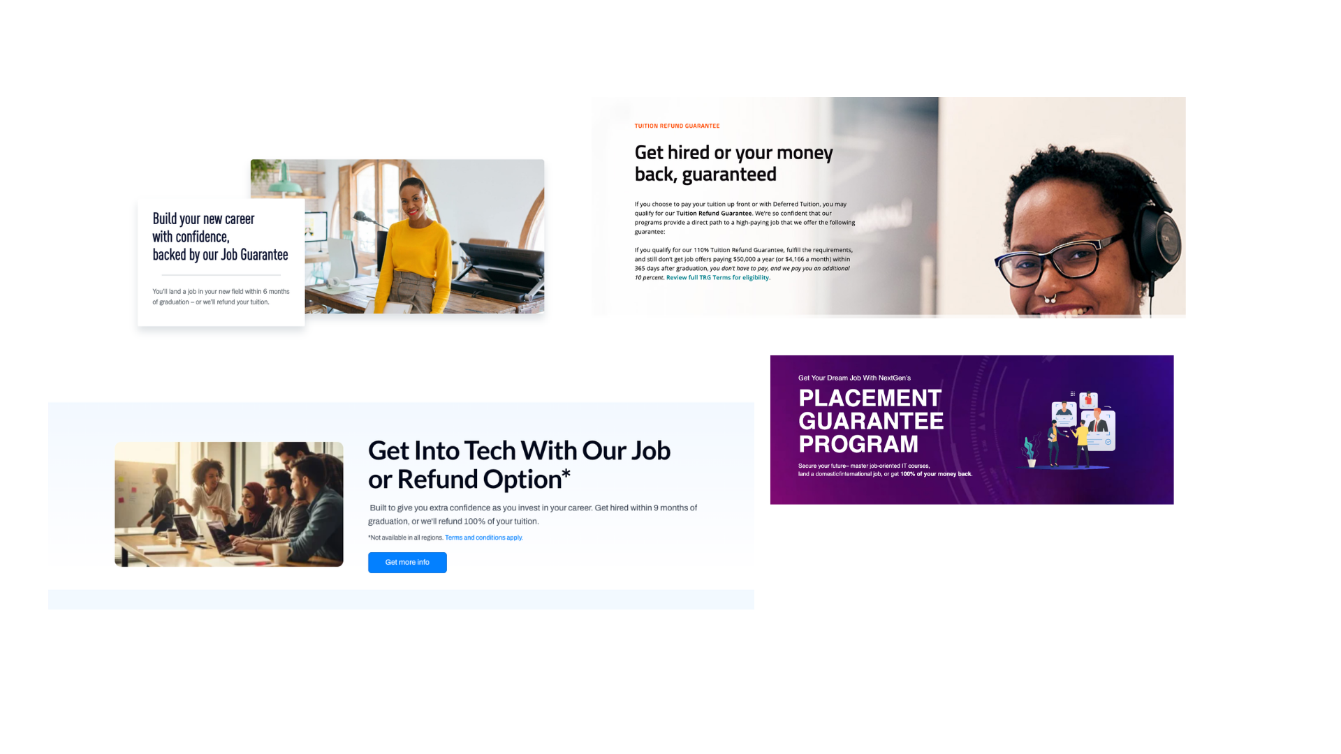 Examples of education providers advertising job guarantees, tuition refund guarantees and placement programs