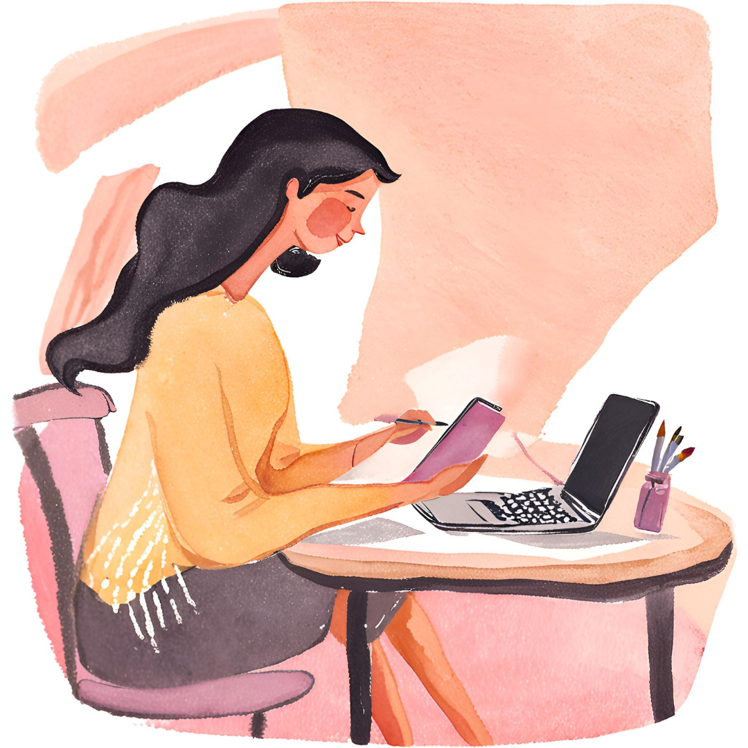 A watercolour image of a female entrepreneur making notes on a notepad while her laptop is open on the table in front of her.